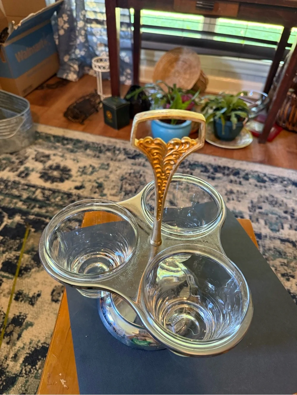 Vintage - MCM Kromex Glass Condiment Server - Gold Handle - chrome Stand